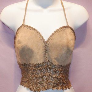 Newport News Boutique Europa Tan Suede Leather and Crochet Halter Top M